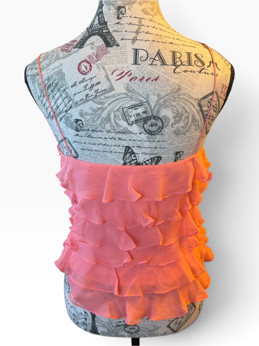 Caché Coral Pink 100% Silk Ruffle Rosette Cami Top Size 4 - Picture 3 of 9